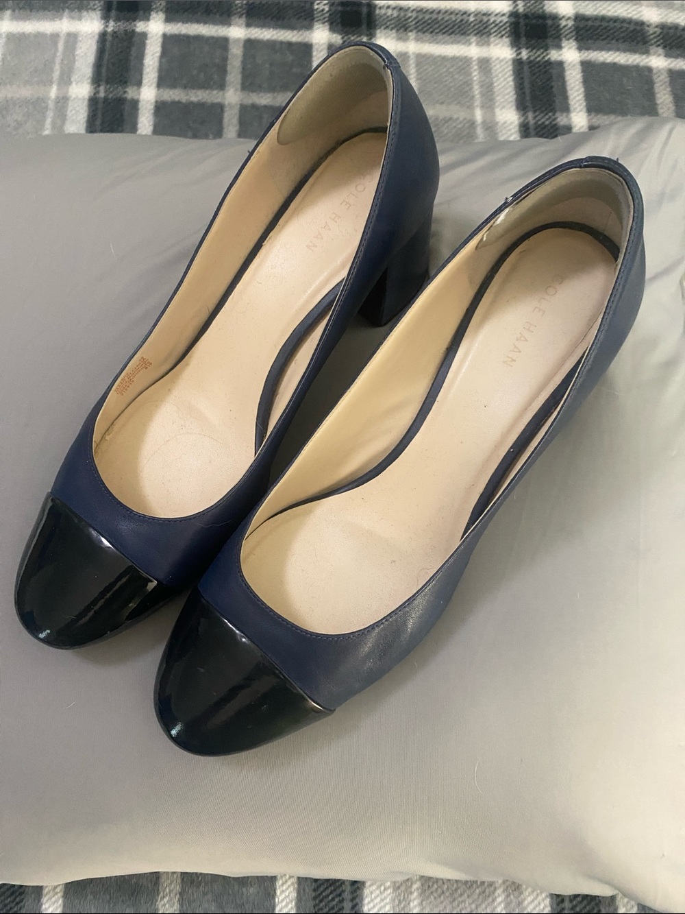 Cole Haan Navy Leather Pumps with Black Patent Cap Toe